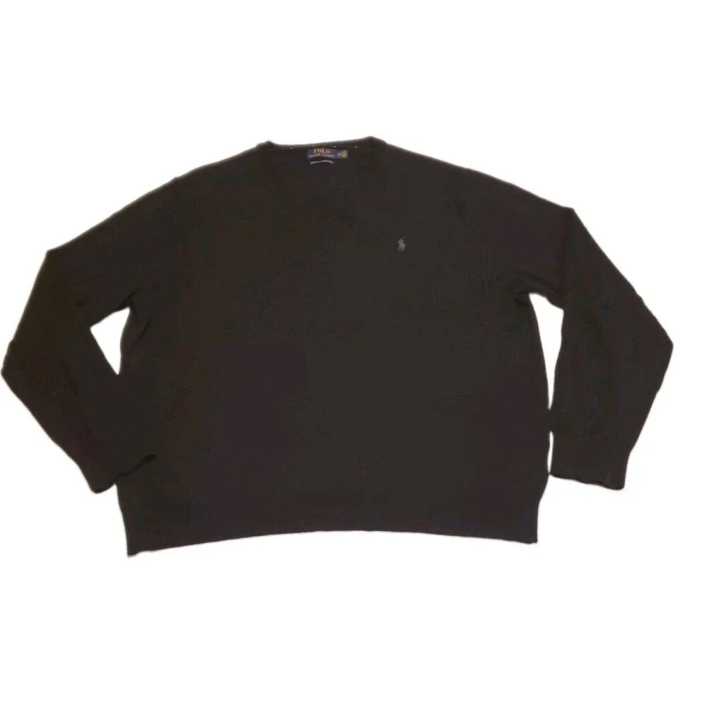 Polo Ralph Lauren Sweater Mens XXL Black V Neck Washable Merino Wool Pony Preppy